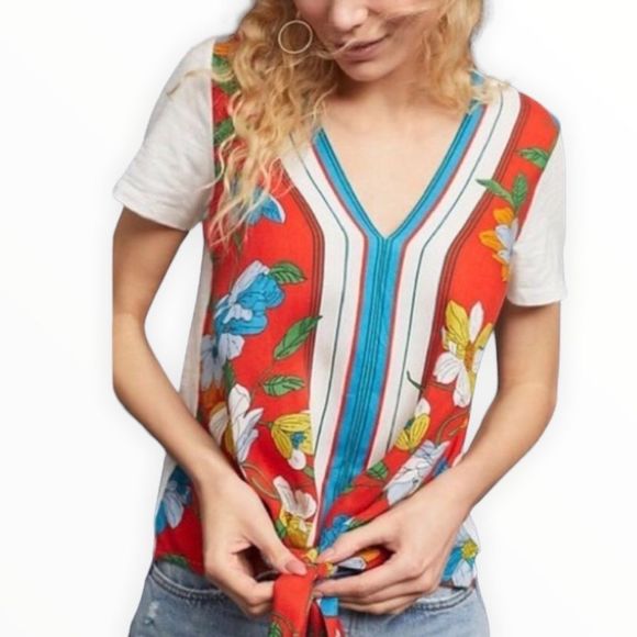 Akemi + Kin Anthro Floral Print Tie Waist T-Shirt Top size XS - Picture 1 of 12